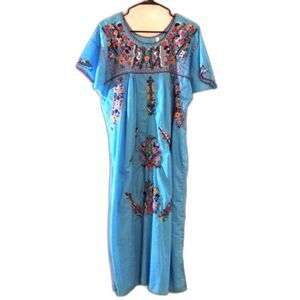 Vintage Aqua Blue Mexican Oaxacan Embroidered Long Dress Boho